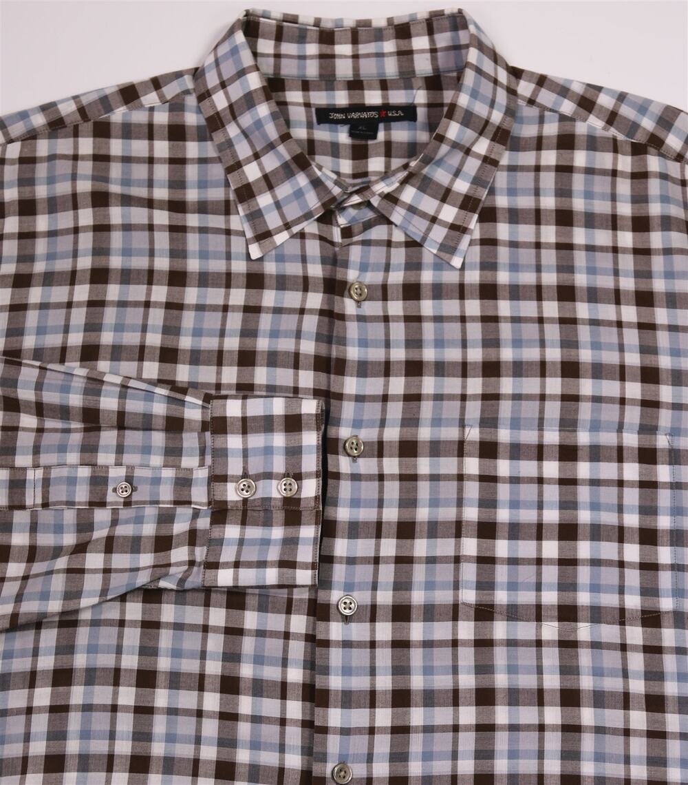 John Varvatos Mens Brown Blue Gray Plaid Cotton Dress Button-Up Shirt XL